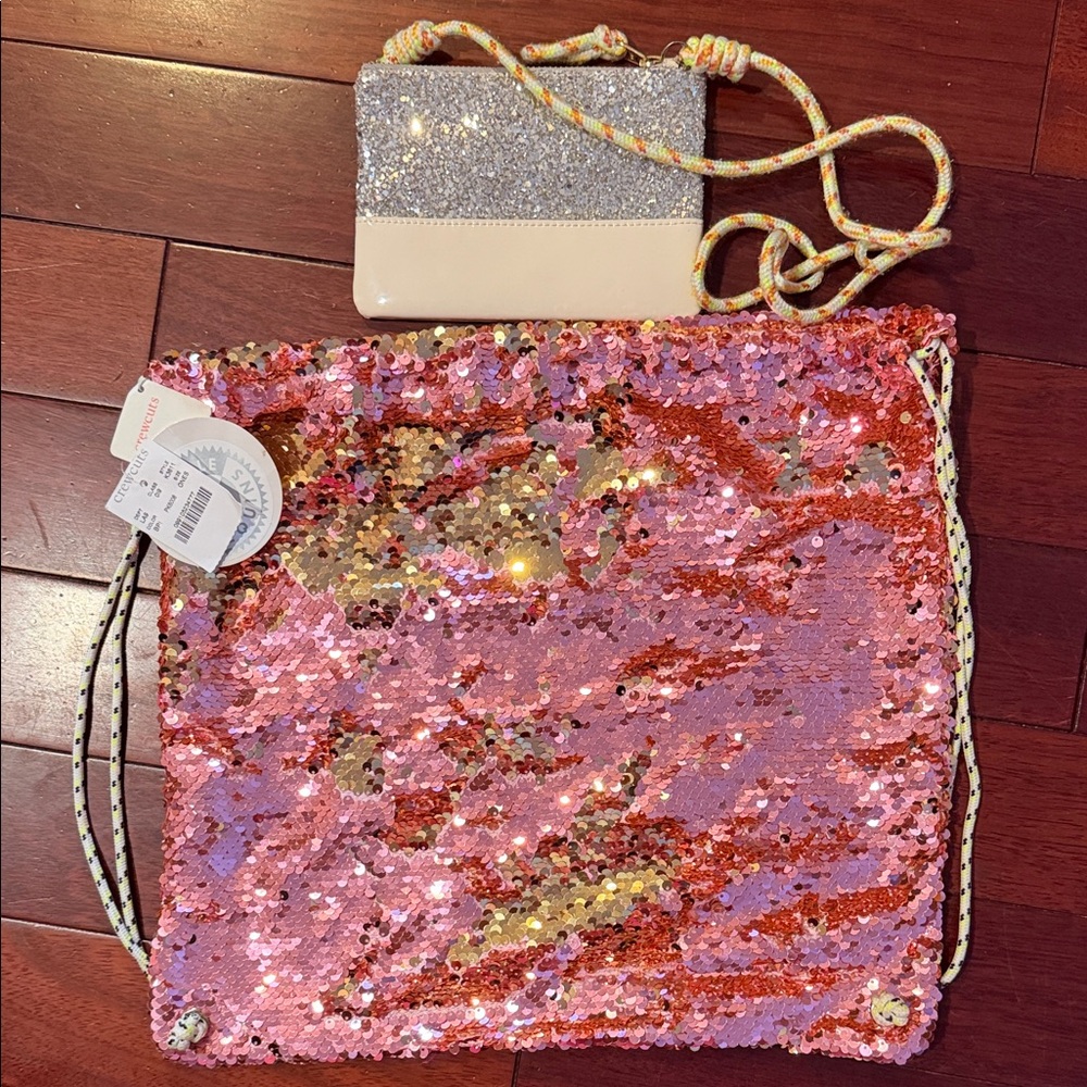 Sequin Drawstring Bag and Silver Clutch Set